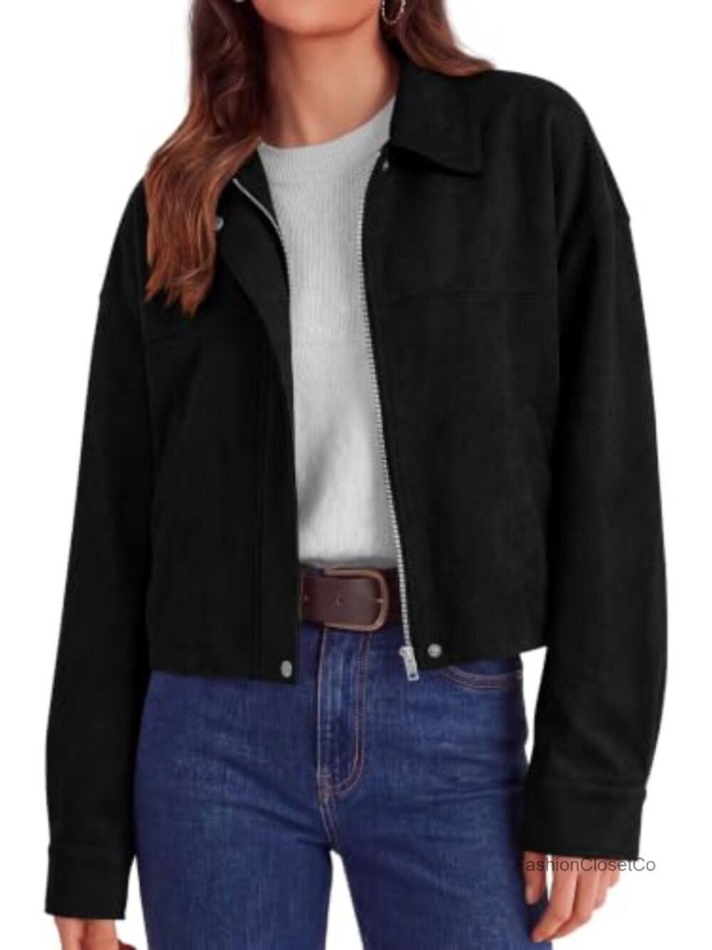 Faux Suede Cropped Jacket Womens Zip Up Long Sleeve Fall Coat